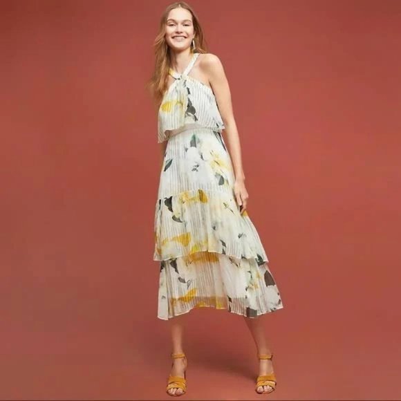 Anthropologie White and Yellow Midi Dress - Picture 1 of 8